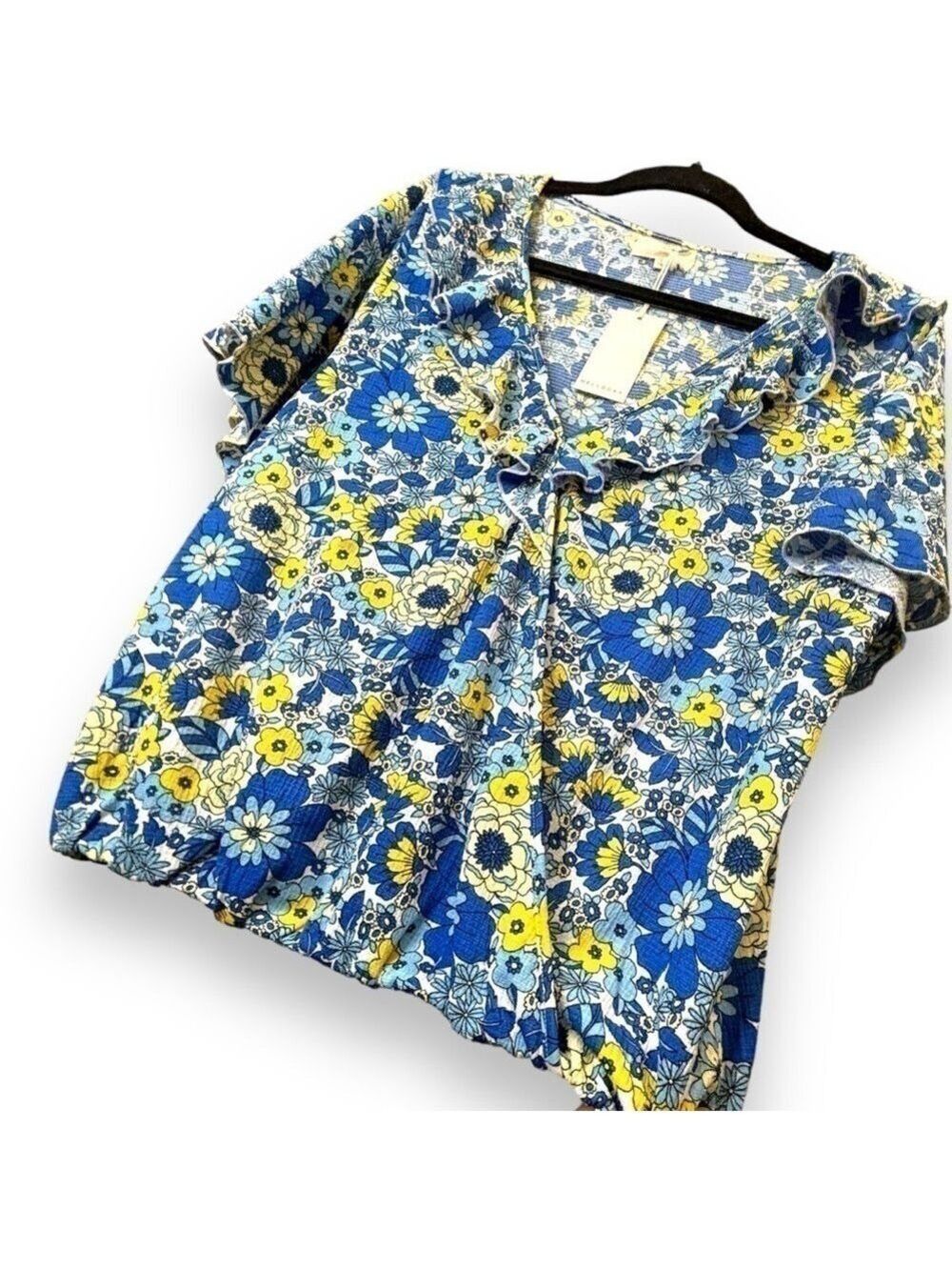 NWT Melloday Blue Yellow Floral Ruffle Top - Size Large - Picture 4 of 7